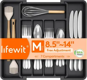 Expandable Silverware Organizer, Plastic Utensil Tray for Kitchen Drawer, BPA Free Flatware Cutlery Holder, Space-Saving Storage for Spoons Forks Knives, 8.5-14 x 12 x 1.5 inch, Black