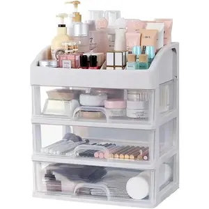 Makeup Organizer with 3 Drawers Plastic Storage for Vanity  Display Cases Large Capacity Bathroom Countertop Plastic Storage for  Care Products(Arc Type)