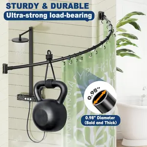 Curved Shower Curtain Rod, 43-78 Inches Adjustable Shower Curtain Rod, Rustproof, Round Extra Wide Shower Rod for Bathroom, Bathtub, Stall, Need to Drill,Black