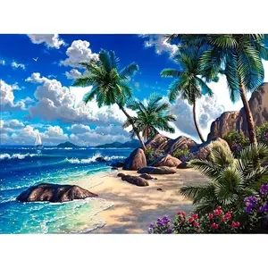5D Diamond Painting DIY Kit, Tropical Beach Scene, Round and Square Diamonds, Full Drill Embroidery, Home Wall Decor, Creative Gift