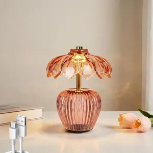 Rechargeable Table Lamp, Cordless Lamp with Timer, Crystal Glass Flower Lampshade, Small Table Lamps, Decorative Led Light for Bedroom Living Room Shelf (Pink)