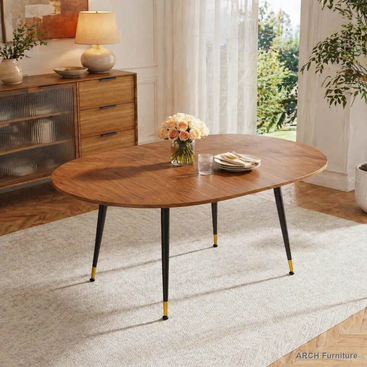 Oval Walnut Expandable Dining Table - Child-Friendly, Compact, Dual-Purpose, Heavy-Duty Modern ARCH Kitchen Table with MDF Top, Sturdy Metal Legs, Easy Assembly, Easy Extension, Seats 6-10 for Dining Room, Child-Friendly Dining Tables, Compact Dining Tabl