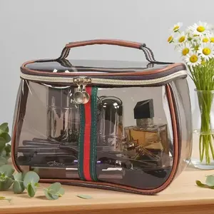 New Retro Vintage Vanity Bag, Large Capacity Makeup Organizer for Women, Waterproof Transparent Toiletry Bag, Portable Skincare Storage Case, Travel Cosmetic Bag for Ladies Leather Space