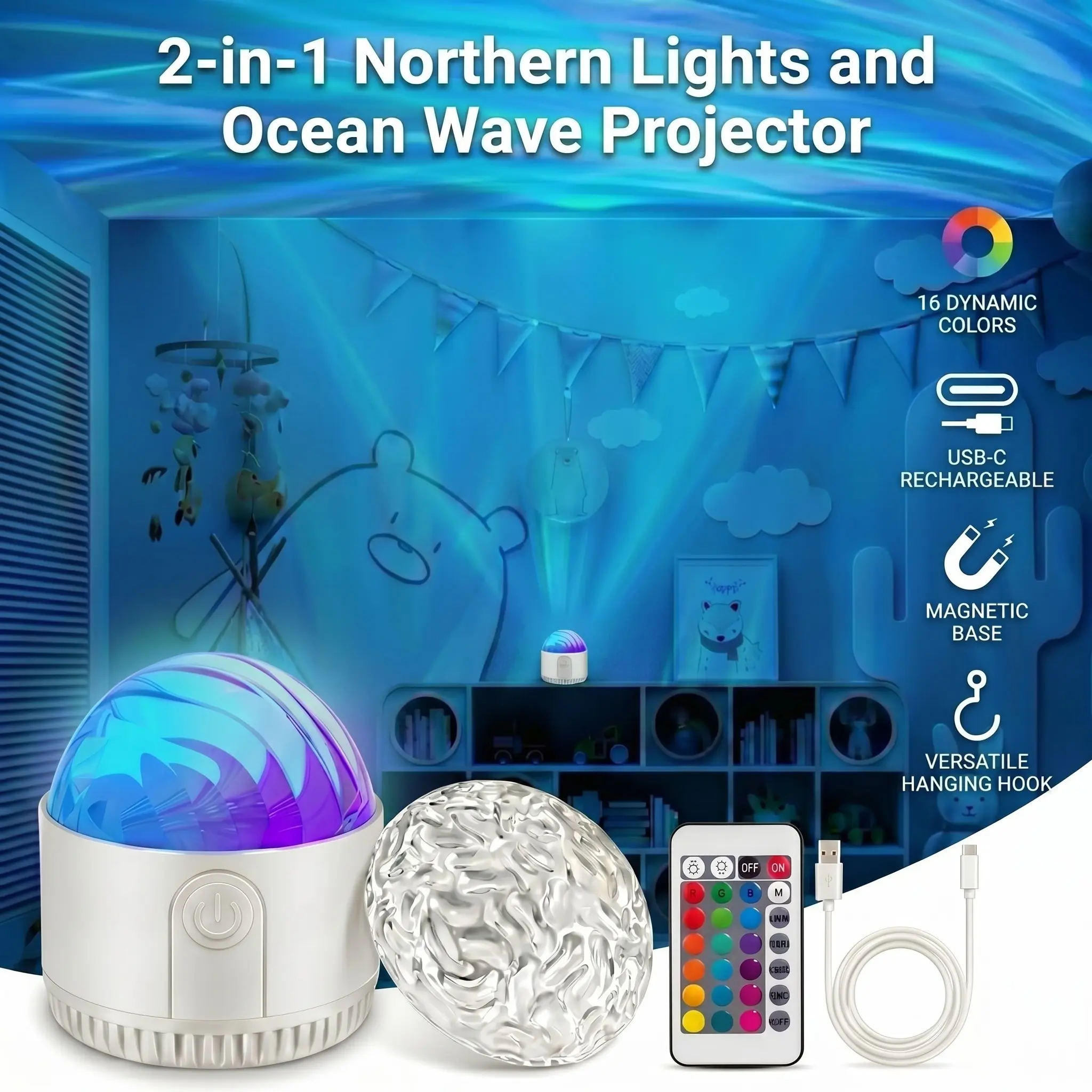 2-in-1 Northern Lights Projector, USB Recharge Ocean Wave Projector, 16 Light Color Aurora Night Light Projector for Bedroom, Remote Galaxy Light Projector, Dimmable Mood Lighting with Memory Function for Playroom Kids Teen Girl Gift