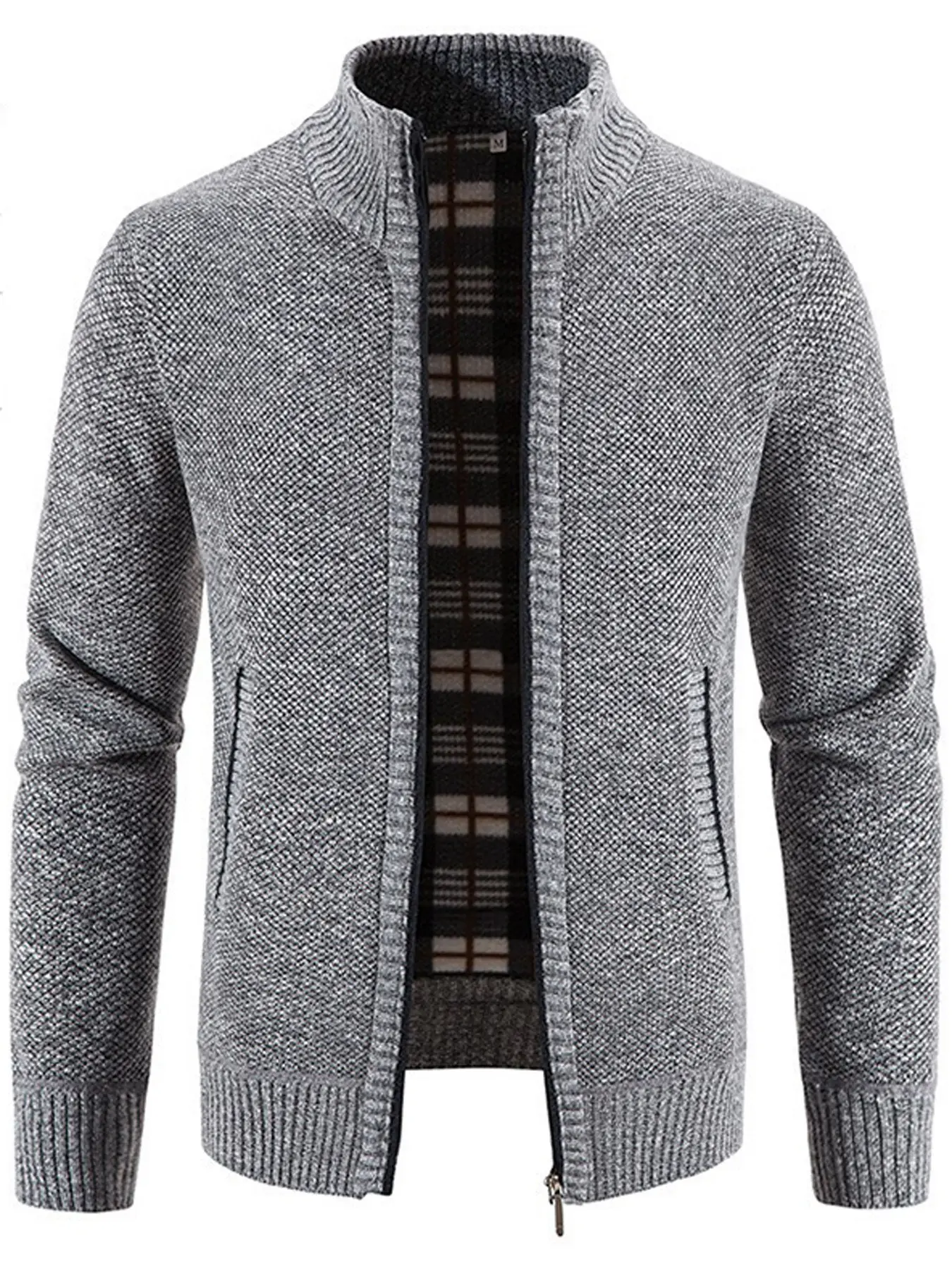 Men's Plain Pocket Zipper Cardigan, Textured Regular Fit Casual Long Sleeve Stand Collar Knitted Outerwear for Fall & Winter, Fashion Men's casual chic knitwear for Daily Wear, Menswear, Garments, Fashion Knit Clothing, Knitted Clothes