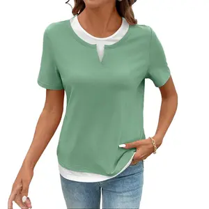 Shewin 2026 Spring/Summer Women's Basic Colorblock T-Shirt - Green & White Contrast Round Neck Short Sleeve Loose Fit Tunic with Neck & Hem Paneling, Breathable Cotton Blend for Daily Wear