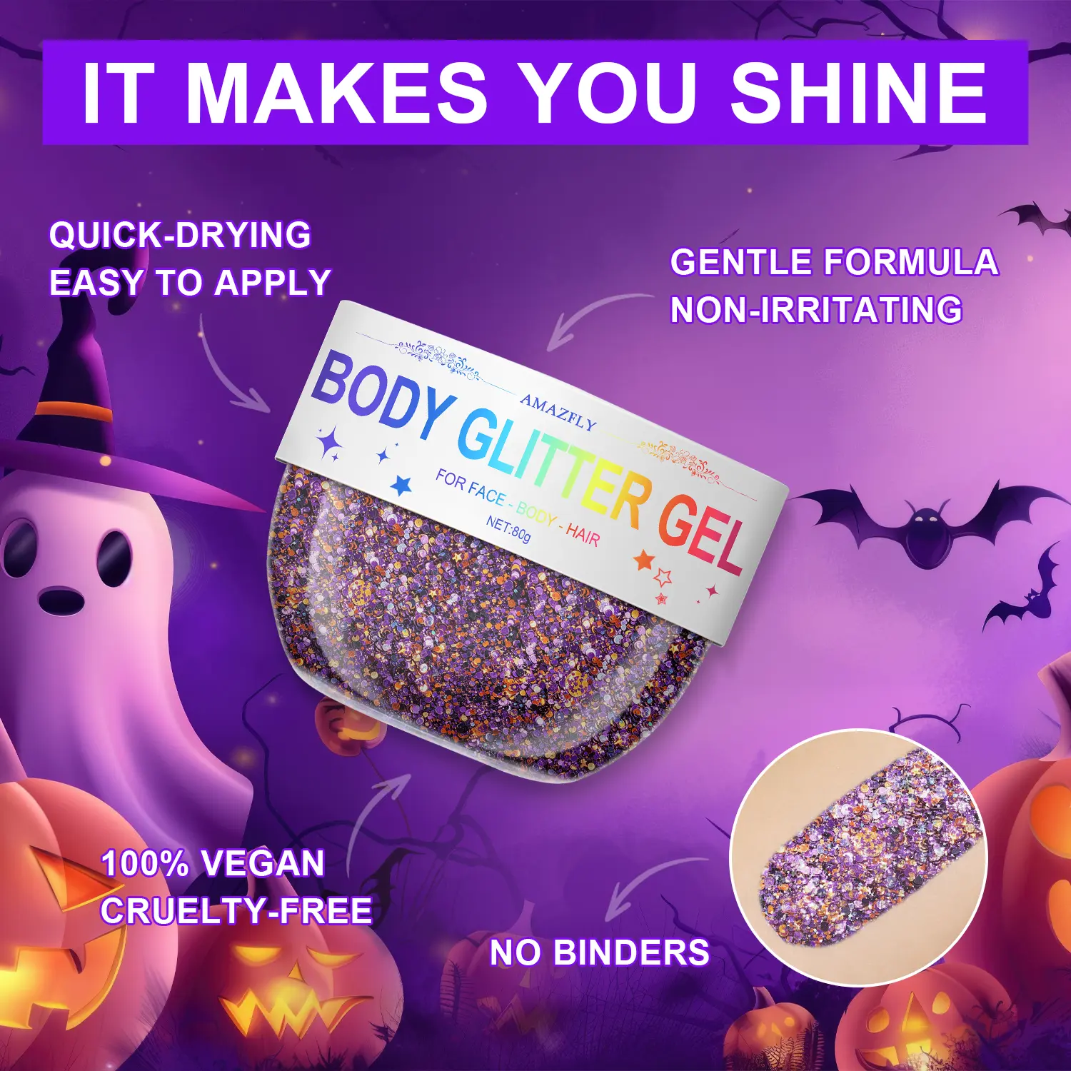 80g Halloween Face Glitter Gel, Orange Purple Black Skull Pumpkin Glitter Professional Chunky Giltter for Face Body Hair Paint,Kid’s Colorful Shimmering for Party Rave Music Festival Carnival Makeup