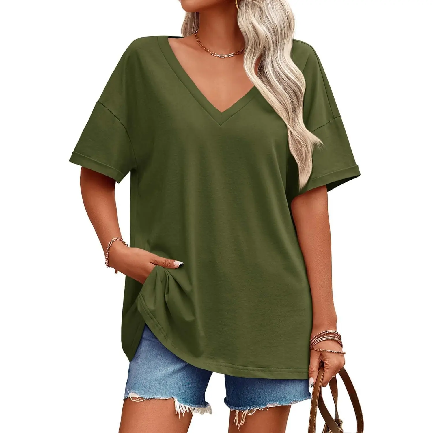 Imily Bela Womens Oversized Tshirts V Neck Short Sleeve Tops Summer Casual Loose Fit Tunic Tee Shirts