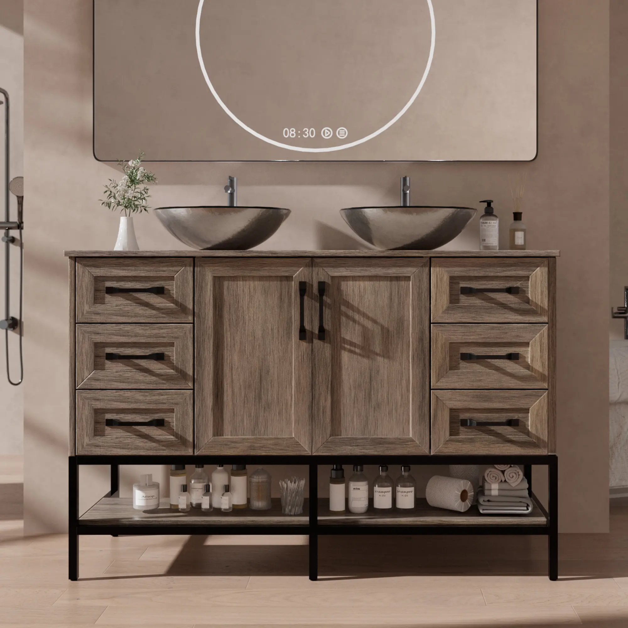VNN 48 Inch Bathroom Vanity with Sink - Double Sink Bathroom Vanity, Freestanding Cabinet with Open Shelves and 6 Storage Drawers, Modern Iron Wood Cabinet with Countertop Tempered Glass Vessel, Grey
