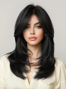 Straight Hair Wig with Bangs, Women's Shoulder Length, 16 Inches, Straight Layered Wigs, Synthetic Wig, Synthetic Fiber Wig, Natural Looking Wig, Perfect for Parties and Daily Wear, Synthetic Material Wigs