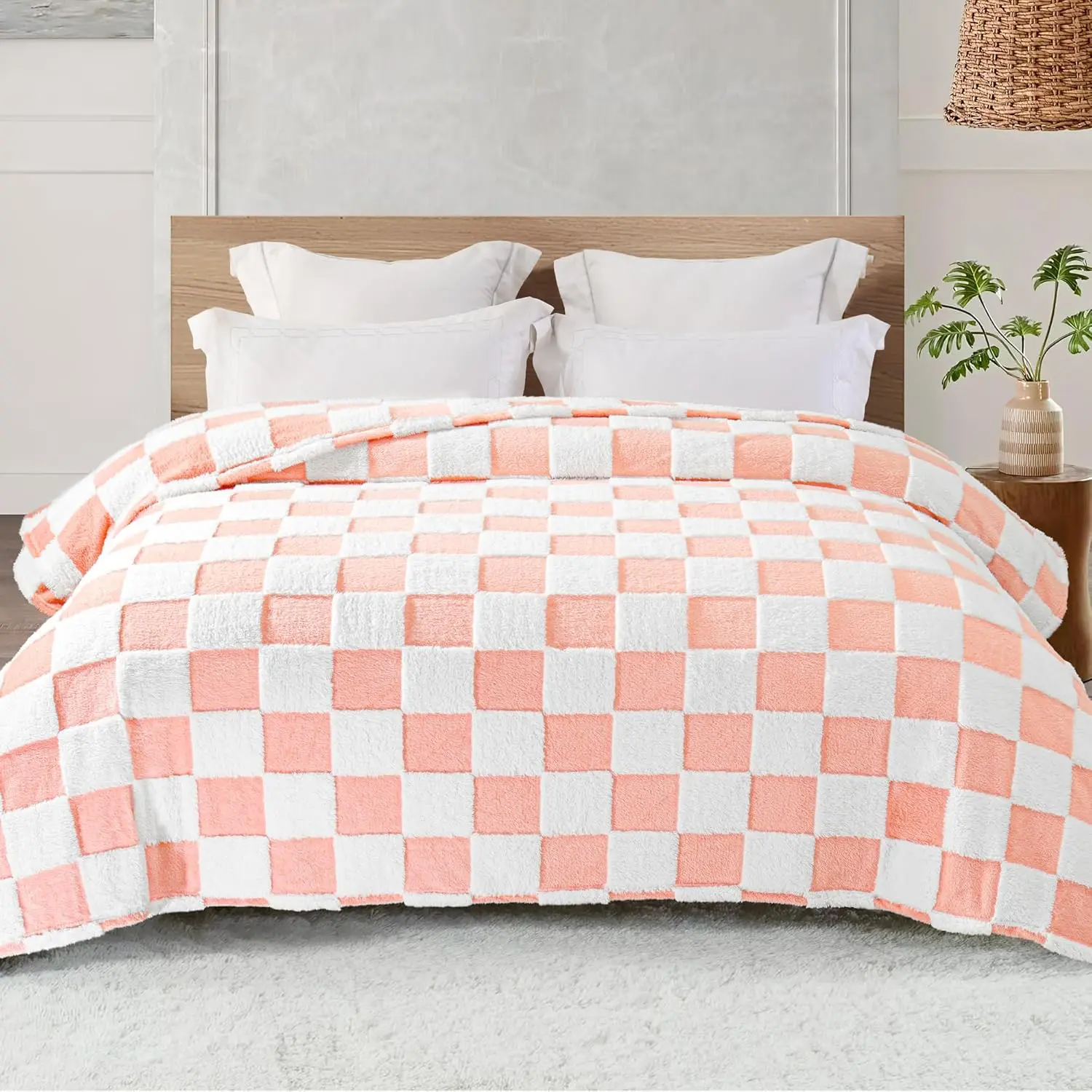Fleece Checkered Blanket King Size, Cozy Lightweight Fuzzy Blanket for Bed, Suitable for All Seasons, Slate Blue, 90" x 104"