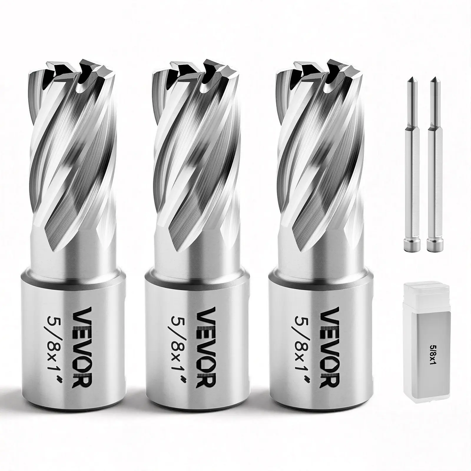 VEVOR HSS Material Annular Cutter Set, 5-Pcs Weldon Shank Mag Bits Kit with Chip Slots, 1" Cutting Depth, 5/8" Cutting Diameter, 3 Bits, 2 Pilot Pins, 3 Plastic Cases, Replacement for Magnetic Drills, Steel, Aluminum (Set Includes All Listed Components)
