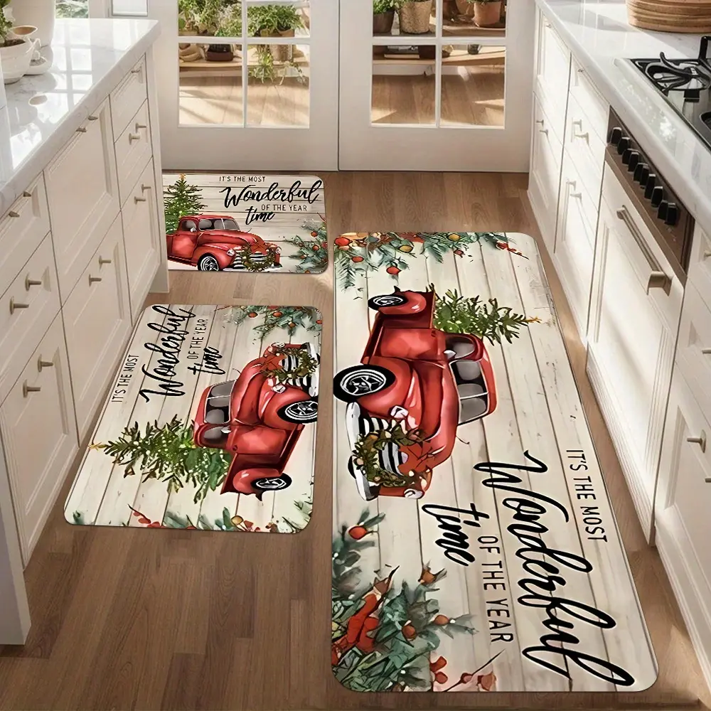 2/3pcs Polyester Christmas Kitchen Rug Collection - Festive Christmas And Mat, Ideal for Kitchens, Hallways, And Bathrooms - Cozy, Machine Washable Holiday-Themed Rug, Perfect for Party Decor