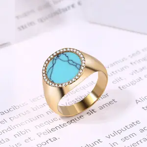 OIDEA Men's Gold-Plated Turquoise Signet Ring, Stainless Steel Pave Cube Zirconia, Hip Hop Iced Out Statement Gift for Father's Birthday & Anniversary, Gold-Plated Turquoise Rings, Signet Ring Rings