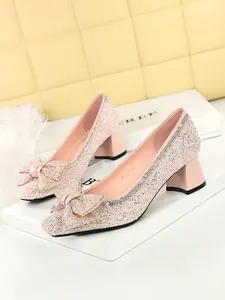 Women's Mid-Heel Chunky Heel Single Shoe, Versatile Low-Cut Sequins Rhinestones Bow Wedding Party Dress Shoes, High Heels