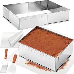 13 Pcs Adjustable Extensible Rectangle Tiramisu Mousse Cake Ring Mold Set with Baking Parchment Scraper, 18 x 13 x 4 Inch Cake Pan for Wedding Mother's Day Birthday Party Dessert Baking