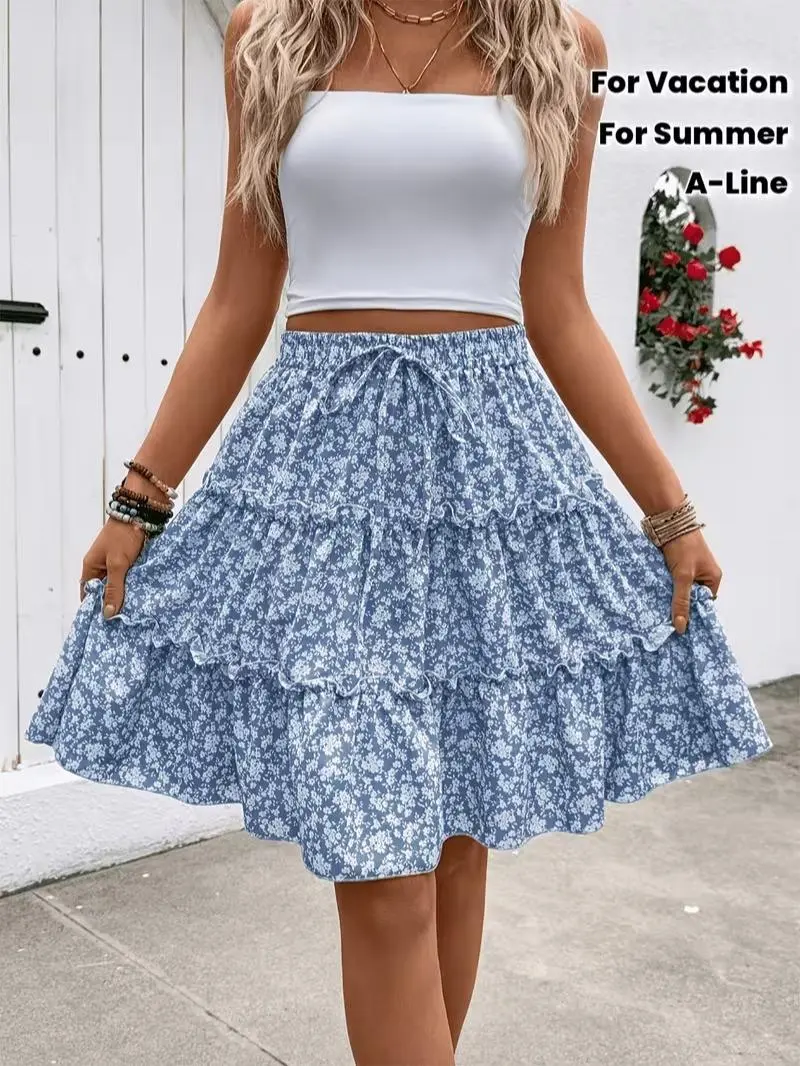 Women's Floral Tiered Ruffle Hem A-Line Skirt - Feminine, Chic, Comfortable Spring-Summer Women's Clothes for Beach Vacation, Bohemian Style Bottom, Bottoms Skirt, Midi Length, Boho Print Skirts