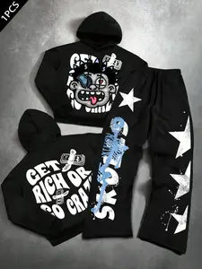 Men Women Long Sleeve Straight Leg Pants Set, Vintage American Style, Cartoon Graphic Print, Casual Fitted, Spring & Fall Fashion