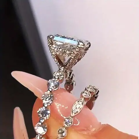 Women's Glam Style 2-Part Synthetic Zircon Rings Set, Gemstone Setting Shiny Square Cut Wedding Jewelry for Bridal Valentine Gift