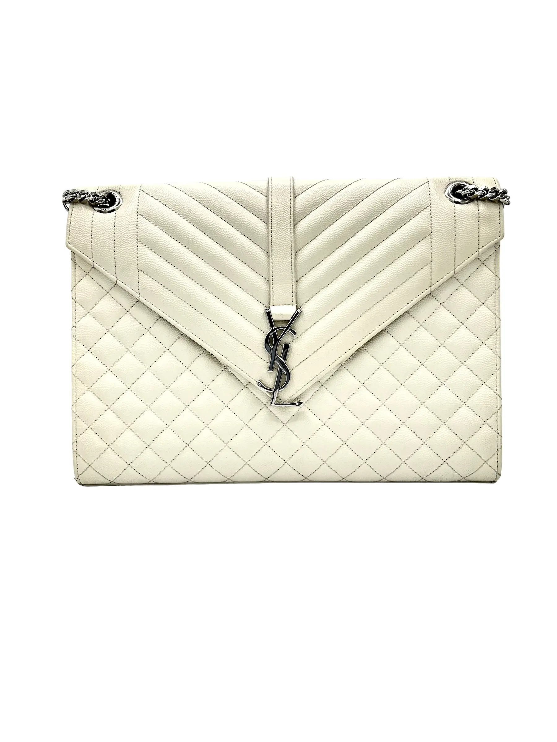 Pre-owned Yves Saint Laurent CALKSKIN LEATHER Shoulder Bags YSL MONOGRAM BLANC VINTAGE ENVELOPE SILVER