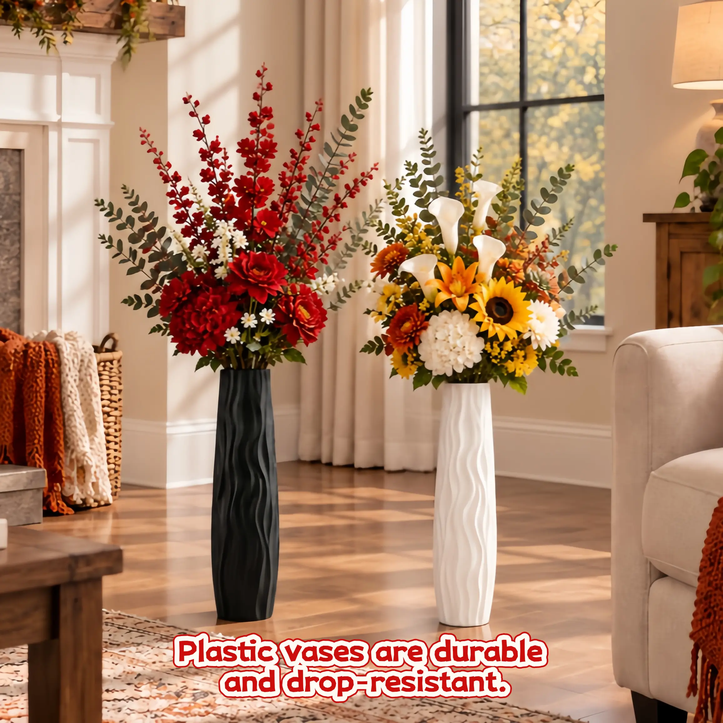 58cm Large Black & White Plastic Floor Vase, Home Decor Items for Living Room & Holiday Decor