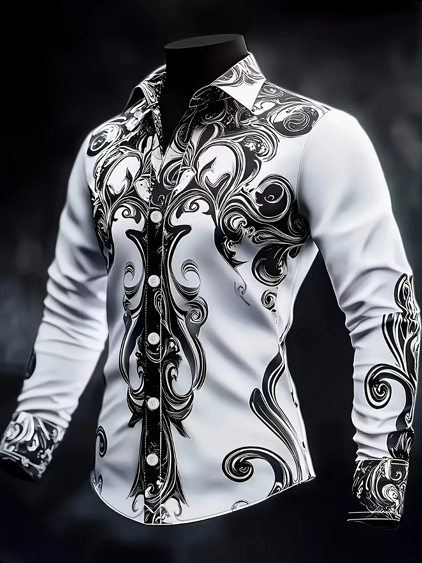 Men's Baroque Long Sleeve Shirt with Intricate and Swirl Pattern, Fitted Paisley Casual Dress Shirt for Spring & Fall, Botanical Shirt