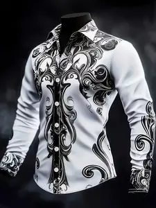 Men's Baroque-style long-sleeved shirt - adorned with intricate black and white swirling patterns - Men's paisley casual formal shirt