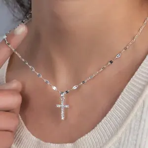 S925 Sterling Silver Cross Necklace for Women, Dainty CZ Cross Pendant Necklace, Minimalist Faith Jewelry, Adjustable Silver Chain Gift for Her
