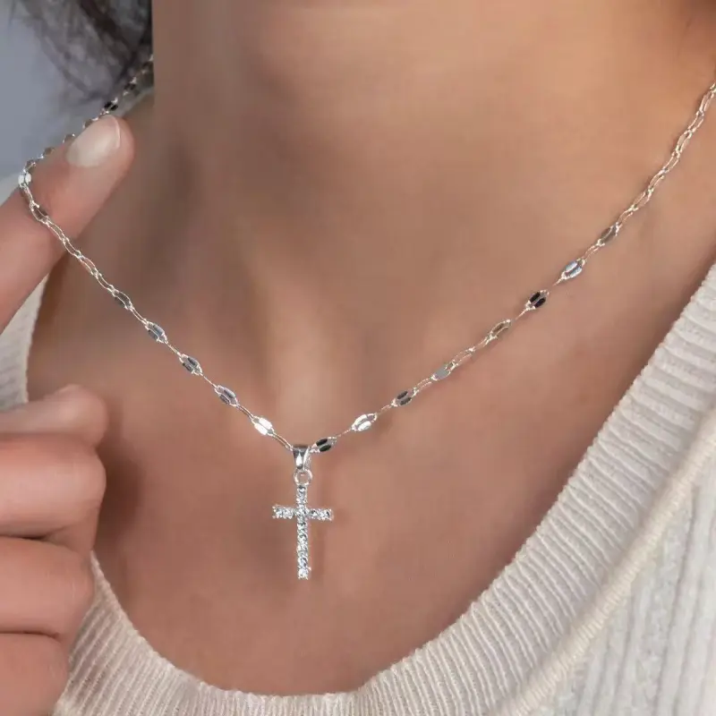 Women's S925 Sterling Silver Cross Necklace - 0.79in x 0.39in Cubic Zirconia Pendant, 15.75in+1.97in Adjustable Extender Chain, Elegant Minimalist Spiritual Jewelry, Stylish Accessories for Jewelry Stack, Everyday Wear Valentine's Day Gift for Her, Valent