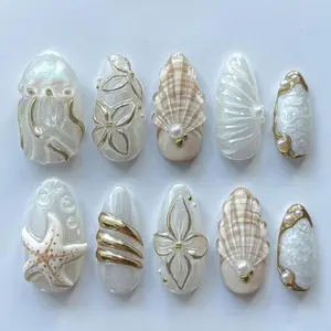 Pearl Ocean Press On Nails Set White Cream Brown Starfish Shell 3D Gold Pearl Nail Art Elegant Nails for Beaches, Summer, Holiday, Vacation, Birthday