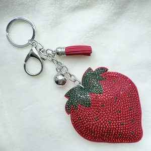 Bling Strawberry Rhinestone Bag Charm Keychain with Tassel for Women Girls Rhinestone Purse Charms for Handbags Car Keychain Bag Charm Handbags Decoration Sparkling Diamond Studded Bag Ornament Bling Strawberry Gifts for Her