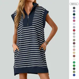 Wenrine Women's Striped Mini Dress Casual Zipper Cap Sleeve Collared V Neck Loose Knit Summer Dresses