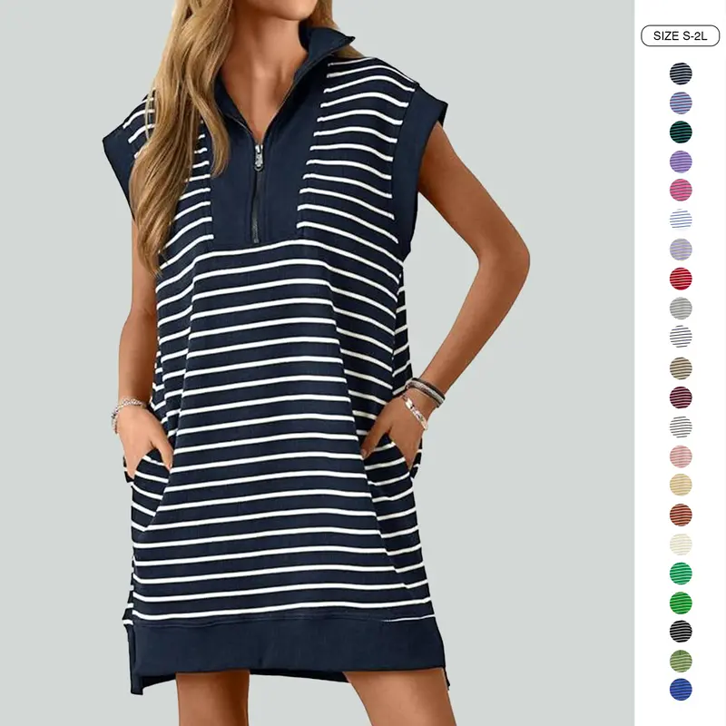 Wenrine Women's Striped Knit A-Line Mini Dress - Collared V-Neck, Cap Sleeve, Loose Fit, Zip Front, Elastic Knit, Classic Stripes, Casual Breathable Outfits, All Seasons, Formal & Casual Wear, Do Not Dry Clean