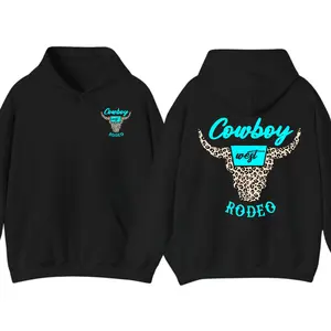 Cowboy Rodeo Hoodie   – Teal Western Bull Skull Graphic with Leopard Print, Trendy Streetwear for Rodeo Fans and Country Style Lovers Casual Sweatshirt Apparel Garment