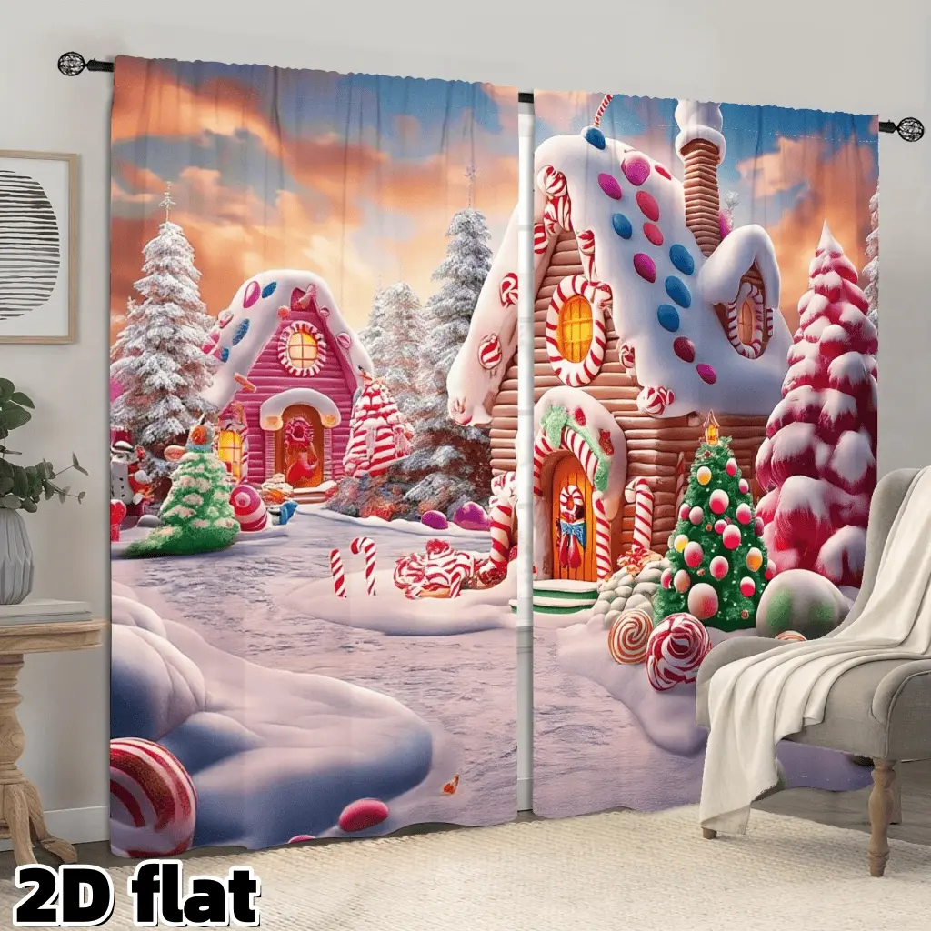 2D Flat 2Pcs Christmas Candy House Printed Curtains, Home Decoration Curtain, Winter Wonderland Scene, Candy Cane Sweet Design, Rod Pocket Style, Semi Sunshade, Perfect for Living Room Bedroom Kitchen Decor, Holiday Window Treatment, Privacy Protection