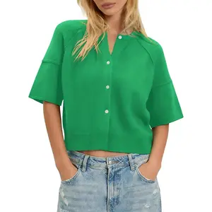 Short Sleeve Cardigan Summer Sweaters Crew Neck Button Down Knit Shirt Blouse Dressy Casual Tops