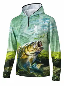 Bait Lure Fish Print Fishing Hoodie, Athletic Hoodie, Half-Zip Pullover, Outdoor Cycling Sport Top, Outdoor Sportswear, Loose Fit, Spring Summer Fall