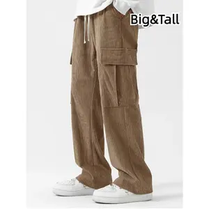 [Plus Size Corduroy Cargo Pants] Big & Tall Men's Corduroy Cargo Pants - Casual, Straight-Leg, Multi-Pocket Design in Light Gray - Perfect for Fall/Winter, Versatile & Comfortable with Drawstring Waist, Plus Size Pants, PLUS SIZE