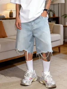 Men's Y2K Denim Shorts, Korean Style Ripped Loose Fit Mid-Thigh Jeans, Casual Fashionable Five-Quarter Pants for Men
