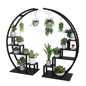 Plant Shelf, 2 Pack Half Moon Flower Rack, 5 Tier Tall Black Metal Plant Shelf with Hooks, Modern Display Stand for Patio Lawn Garden Balcony Home, Fathers Day gift