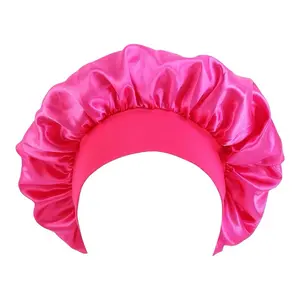 SC Hot Pink Satin Hair Bonnett for Women for Protect Hair for sleeping with Embroidery Logo