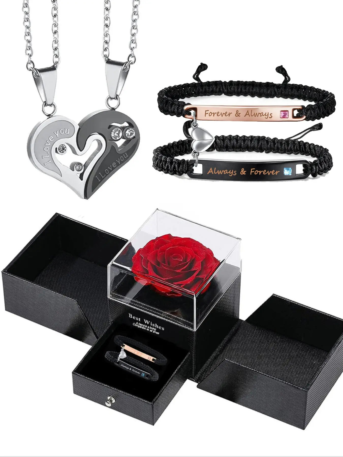 4-Piece Couple Bracelet Necklace Set, Magnetic Necklaces, Heart Bracelet Set, Creative Gift for Couples, Perfect for Christmas, Valentine's Day, Anniversary, Birthday, Jewelry Sets