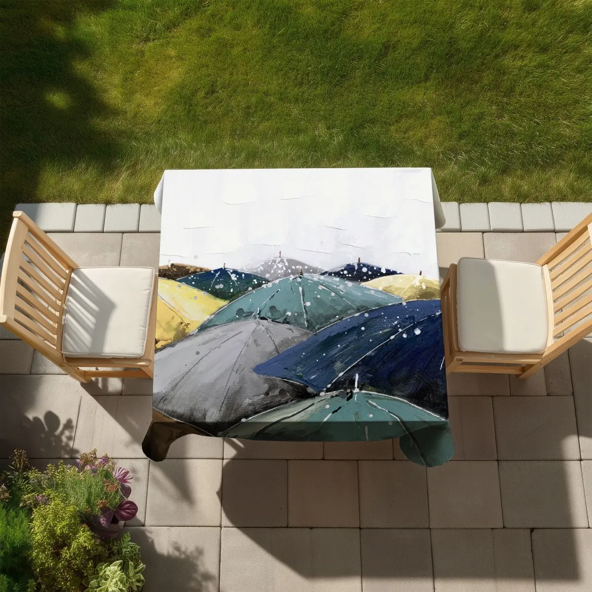 Begin Home Decor C1TC5858Y2G85N 58 x 58 in. Umbrellas Blue Tablecloth - Indoor Outdoor Home Decor