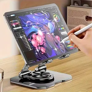 New Silver Color Tablet Stand, Desktop Live Streaming Phone Holder, 360° Rotating Base, Adjustable Metal Design, Compatible with Tablets and Phones
