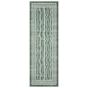 GARVEE 2x6 Washable Hallway Runner Rug-Modern Bordered Print Rugs Non-Slip Indoor Table Runners for Entryway Low Pile Area Rug for Kitchen Waterproof Geometric Carpet for Bedroom Bathroom Green