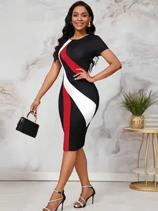 Party Dress Office Dress Contrast Color Stripes Rose Red Black Stripes Print Short Sleeve Hip Skirt Ladies Dress Summer Work Party