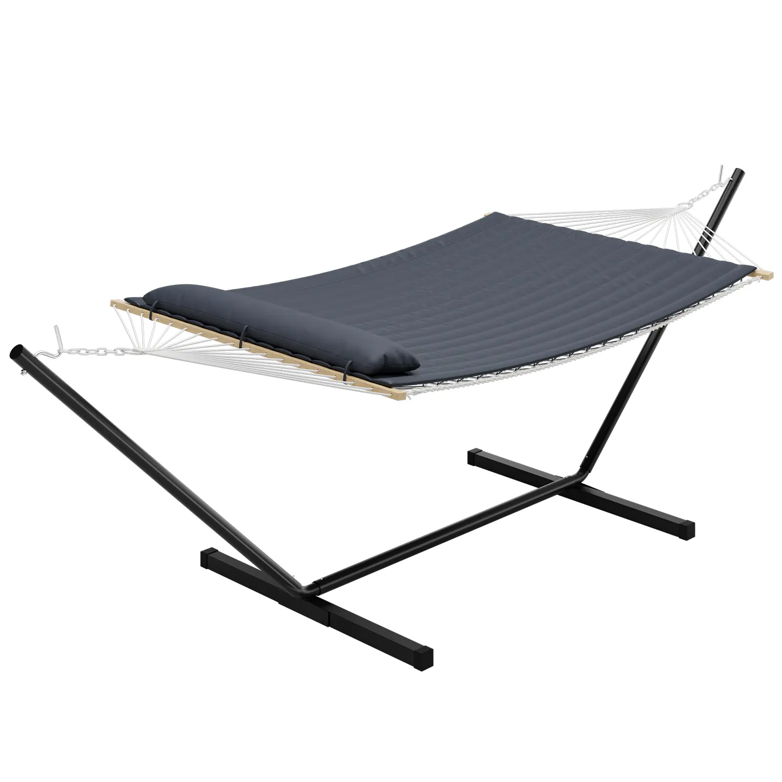 12FT Double Hammock with Steel Stand Set, Freestanding Foldable Hammock with Quilted Pad & Ergonomic Pillow, Hardwood Spreader Bars Handwoven Ropes, Powder Coated Rust Resistant Frame, Weather UV Resistant Outdoor Hammock with Carry Bag