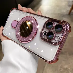 Magnetic Glitter Mirror iPhone Case for 16 Pro Max 15 14 13 with Folding Bracket Silicone Soft Shell TPU+PC Shockproof Cover