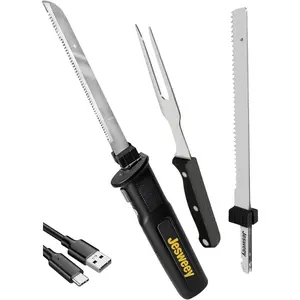 Cordless Electric Carving Knife for Meat Slicing, Fish, Bread, Turkey, Ergonomic Handle, Serving Fork Included, Storage Case& Safety Lock, Black