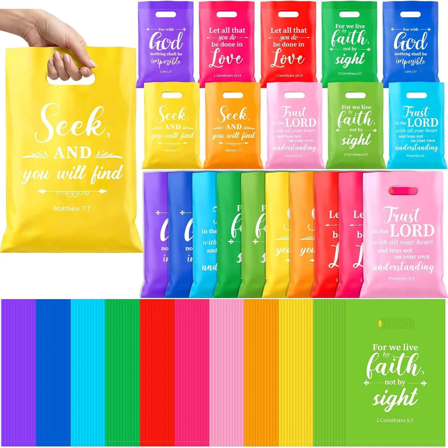 240 count Christian  Bags Plastic  Verse  Bags with Handles Religious Party Favor Bag Inspirational Goodie Pouches for VBS Church Sunday School  Birthday Easter Party